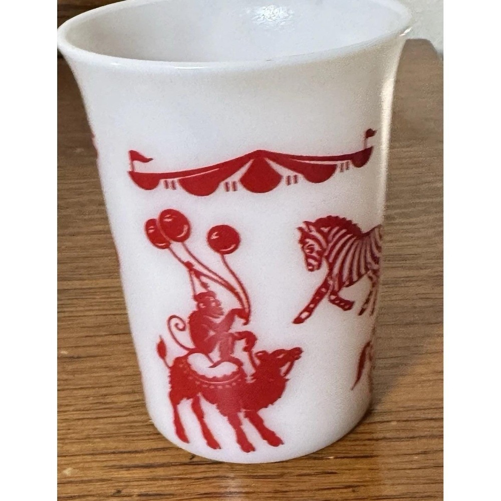 Vintage Milk Glass Circus Cup Red Graphics Elephant Horse Kids Tumbler 1950s